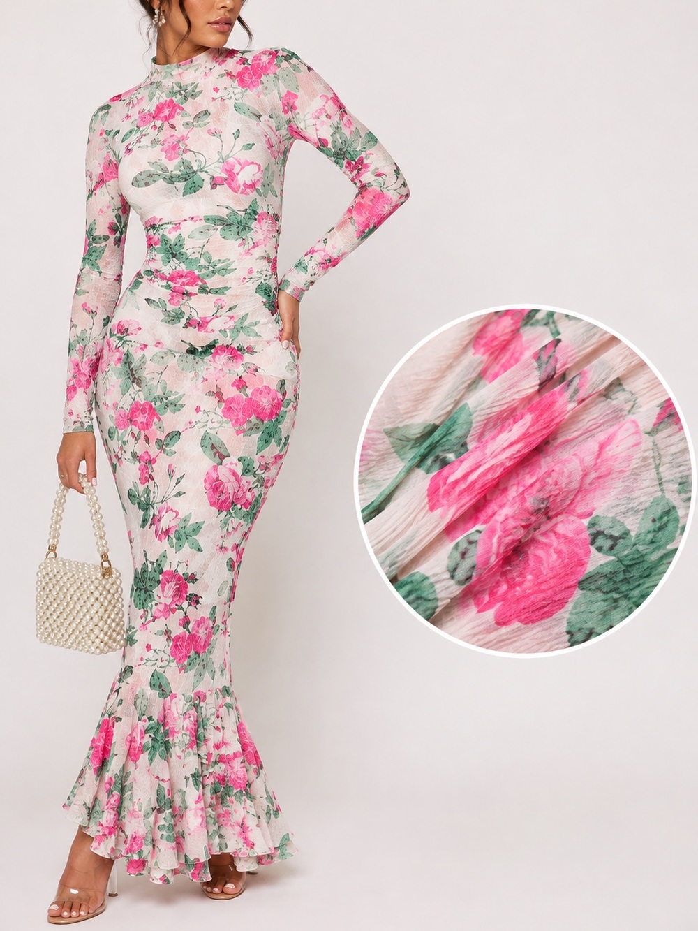 Floral Mock Neck Long Sleeve Bodycon Dress - Pink